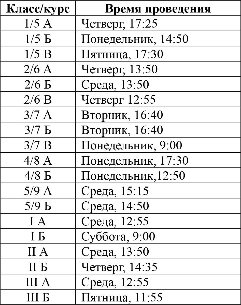 Расписание классных часов